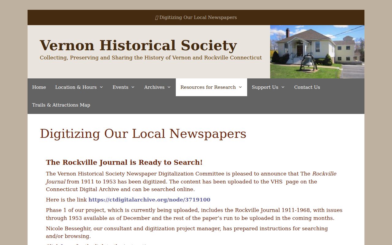 Vernon Historical Society page describing Rockville Journal digitization