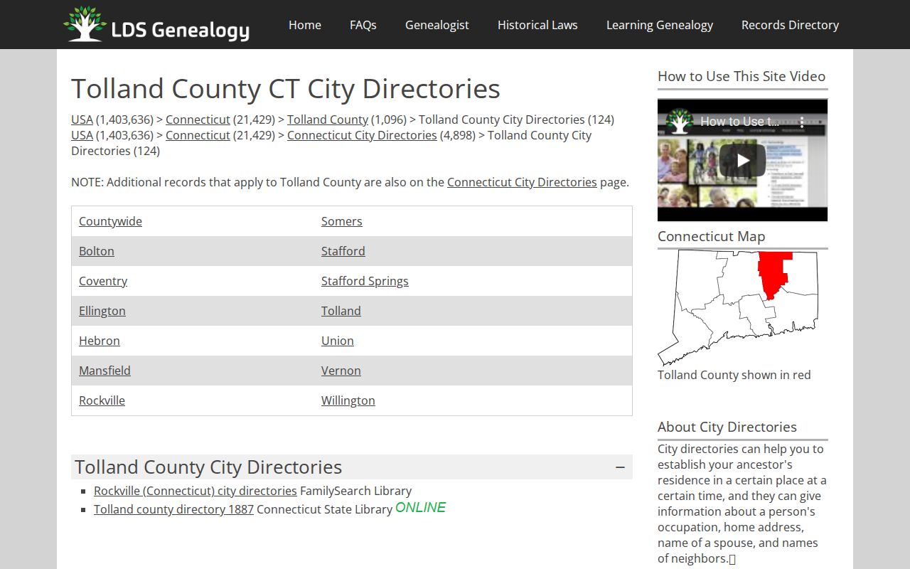 Catalog page listing Vernon and Rockville city directory years