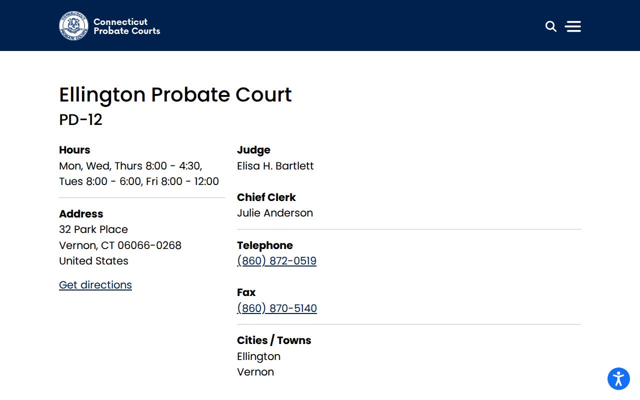 Vernon residents directory Ellington Probate Court