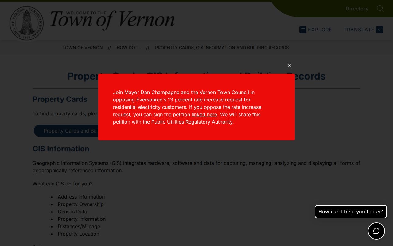 Vernon property cards GIS information and building records page