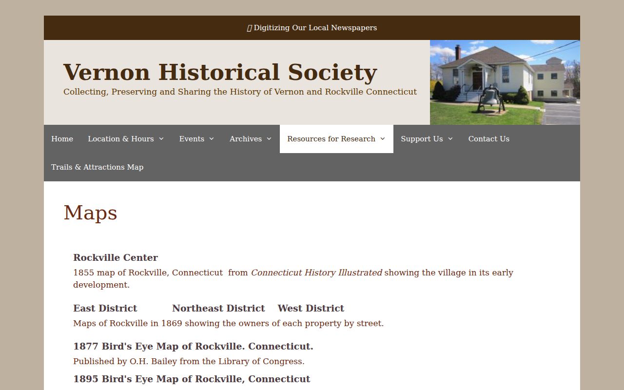 Vernon Historical Society research maps including 1869 property-owner maps