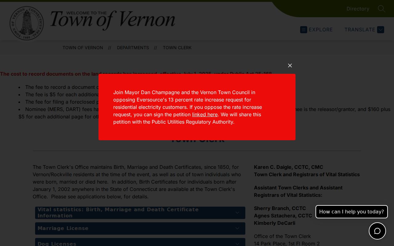 Vernon Town Clerk page for land-record office access and copies