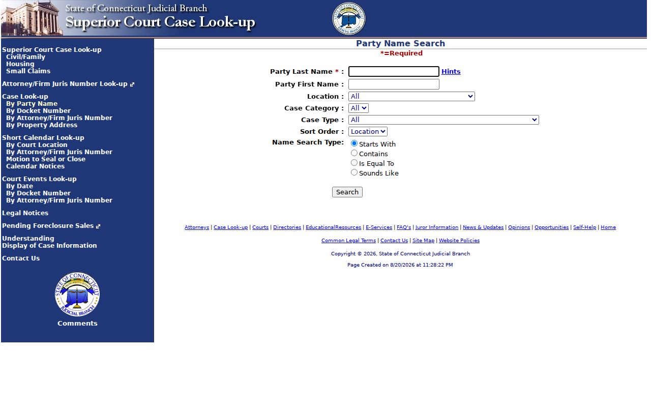 Connecticut Civil Inquiry party-name fields for Vernon name verification