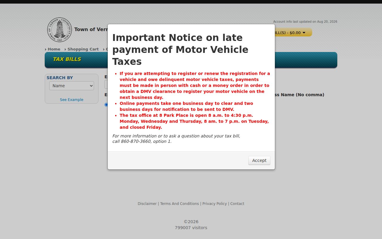Vernon MyTaxBill search modes and bill filters
