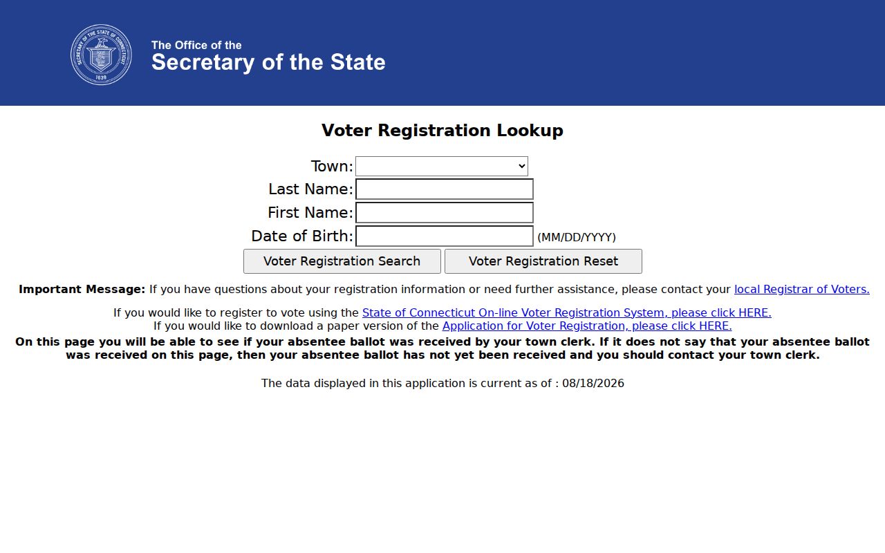 Official Connecticut voter lookup showing an access gap during capture