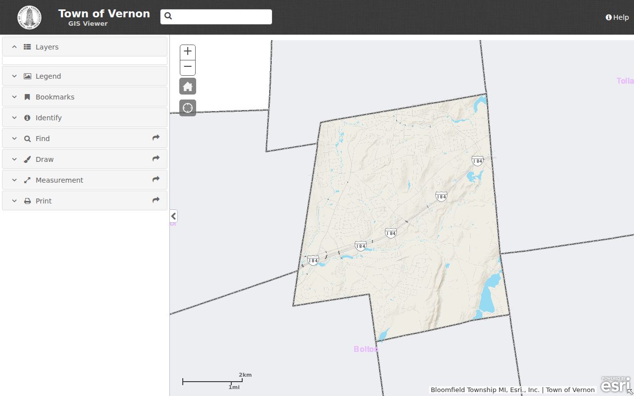 Vernon GIS viewer showing parcel and map tools for a street search