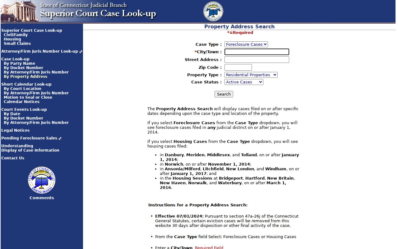 Connecticut Civil Inquiry property address form with ZIP field for Vernon searches